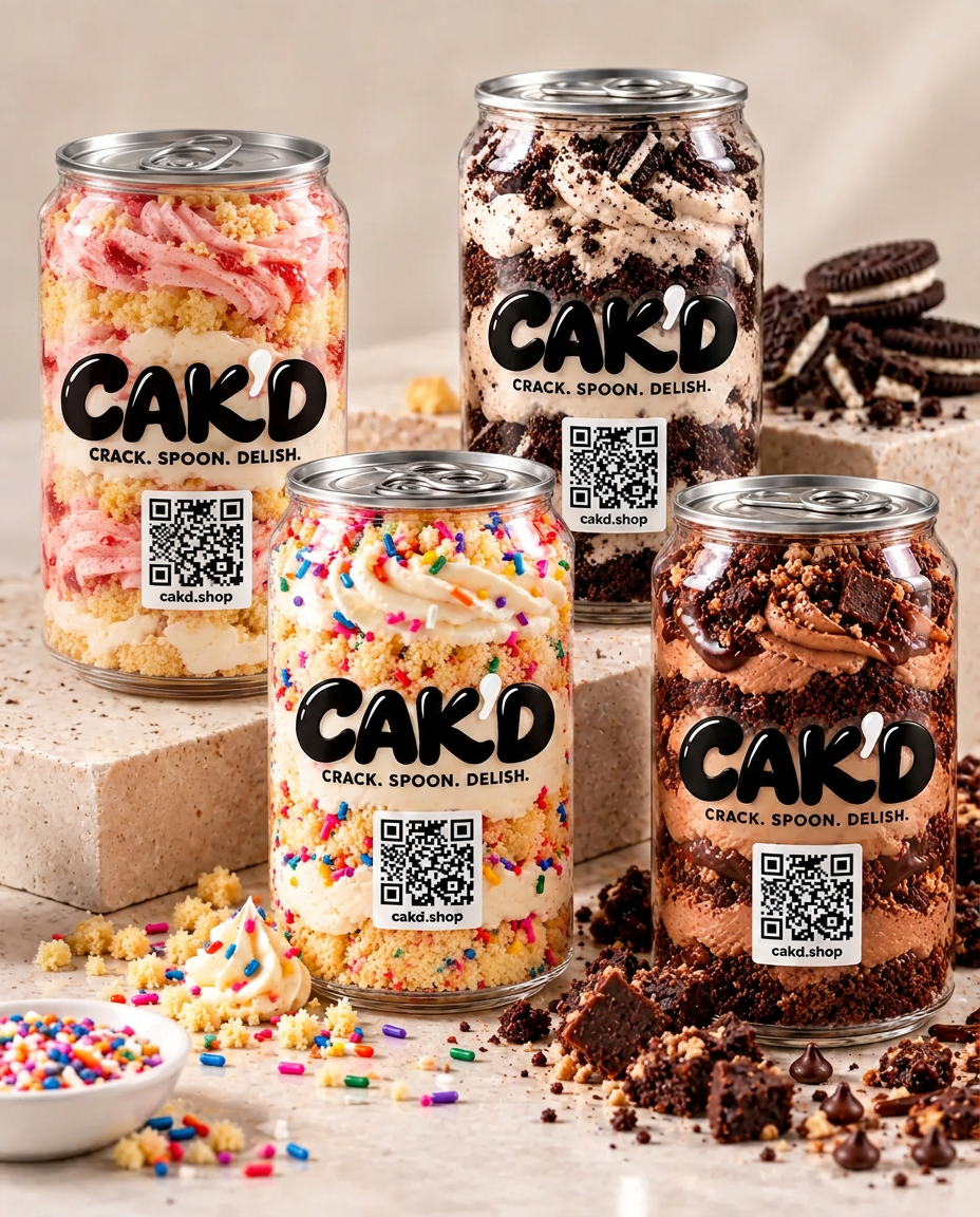 Four CAK'D flavors arranged together with pink frosting, sprinkles and brownie pieces