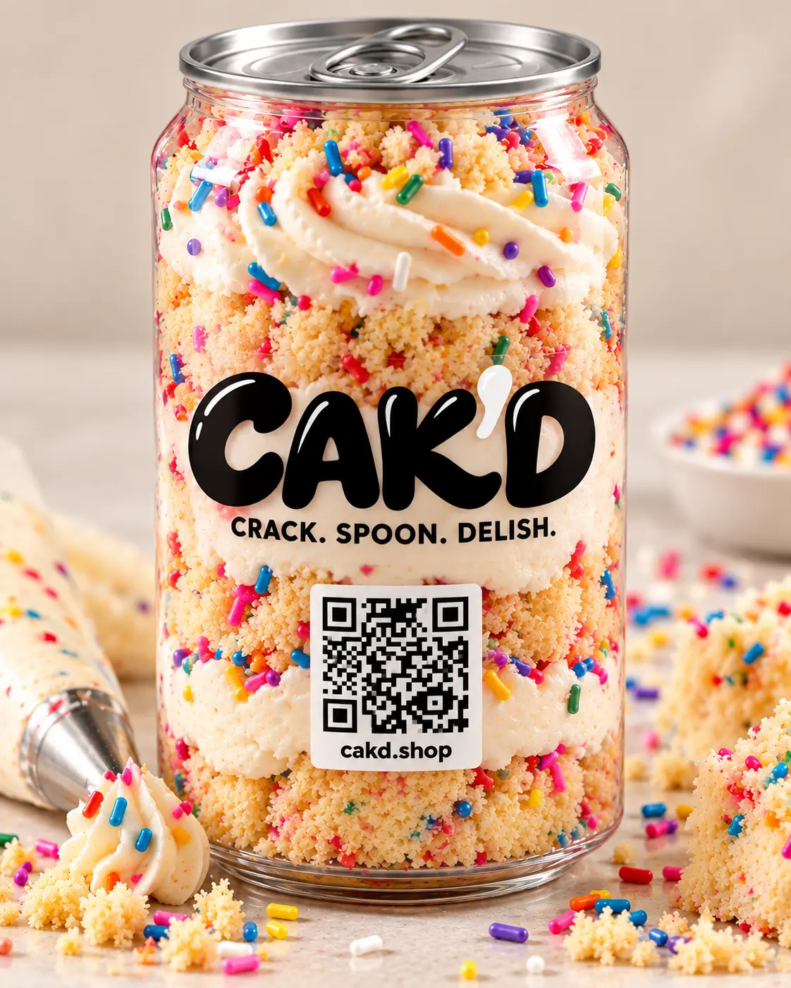 CAK'D Birthday Cake in a clear pull-tab can with vanilla frosting and rainbow sprinkles