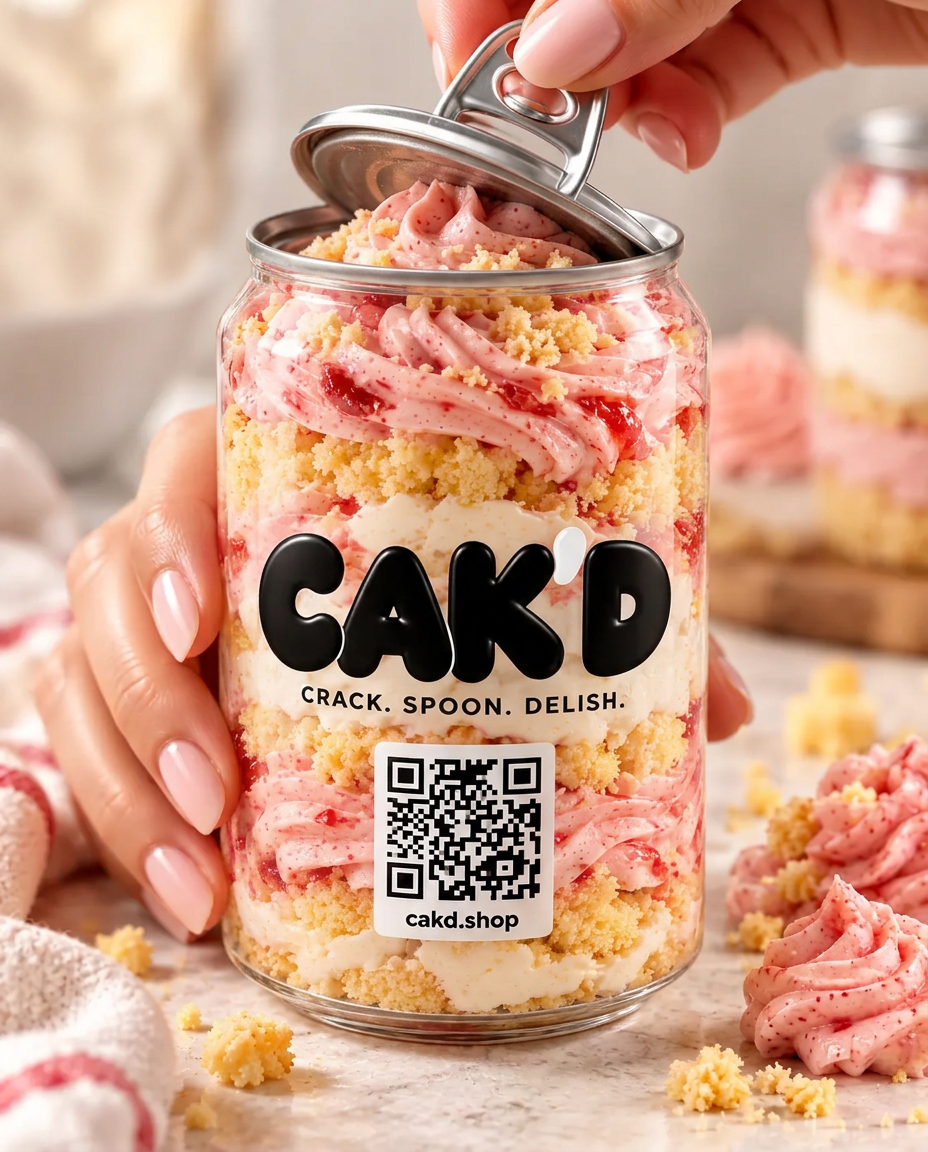A hand pulling the tab on a CAK'D strawberry shortcake can