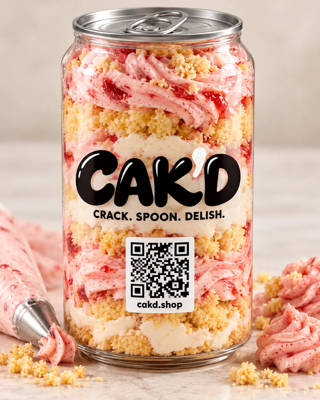 CAK'D Strawberry Shortcake in a clear pull-tab can with strawberry frosting layers