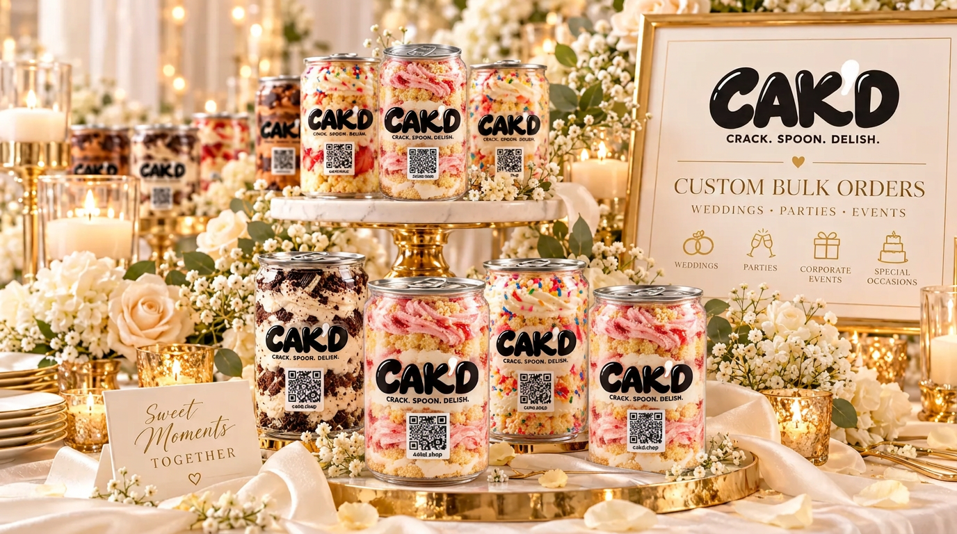 An elegant wedding dessert table of CAK'D cans with white florals, gold accents and a custom bulk orders sign